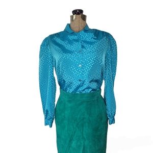 Vintage 80s Blue Button Down polkadot blouse
